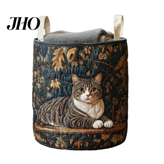 Laundry Basket for Bedroom Quilted Foldable Boho Fabric Hamper Cute Cat Storage Clothes Toys Blankets Nursery Bathroom