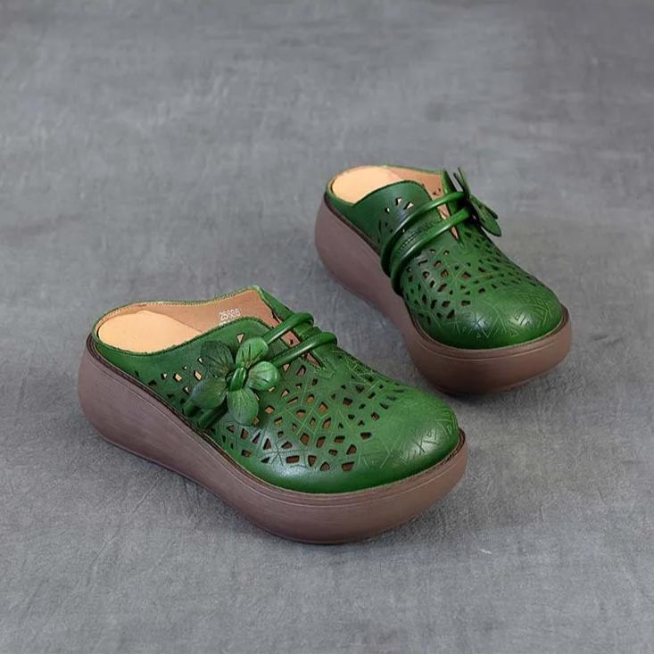 Johnature Ethnic Style Flower Wedges Slippers Genuine Leather Hollow Retro Outdoor Women's Sandals