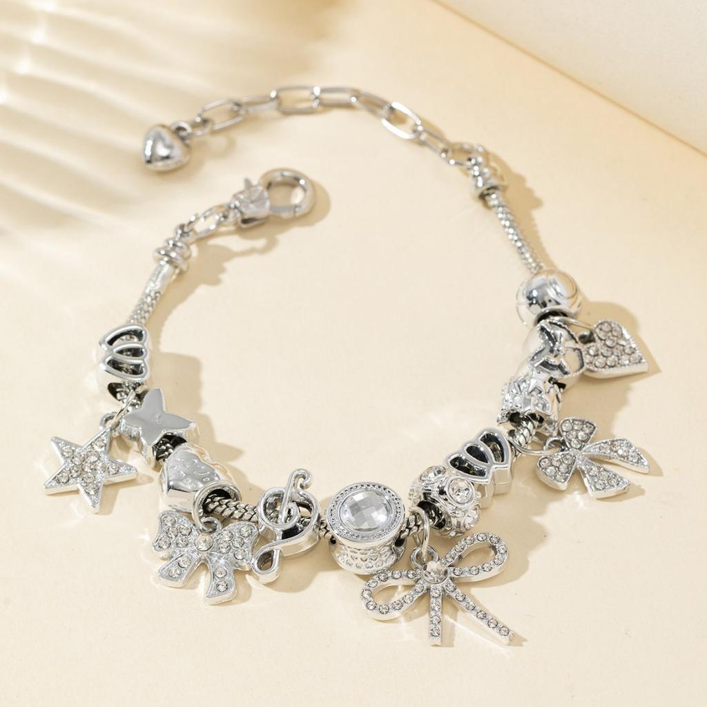 Pulseira de Contas DIY Joia da Moda Com Laço Brilhante Coração e Estrela