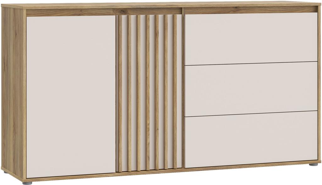 Buffet ELISTON - Blanc Mat & Chêne – 2 Portes + 3 Tiroirs – L 159,6 × P 41,5 × H 81,7 Cm