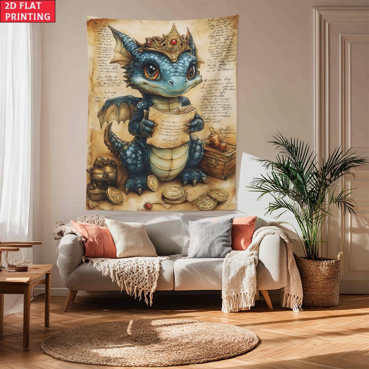 Dragon Baby Crown Treasure Fantasy Tapestry Cute Mythical Creature Wall Hanging Kids Room Decor Nursery Art 70x100cm28x39in