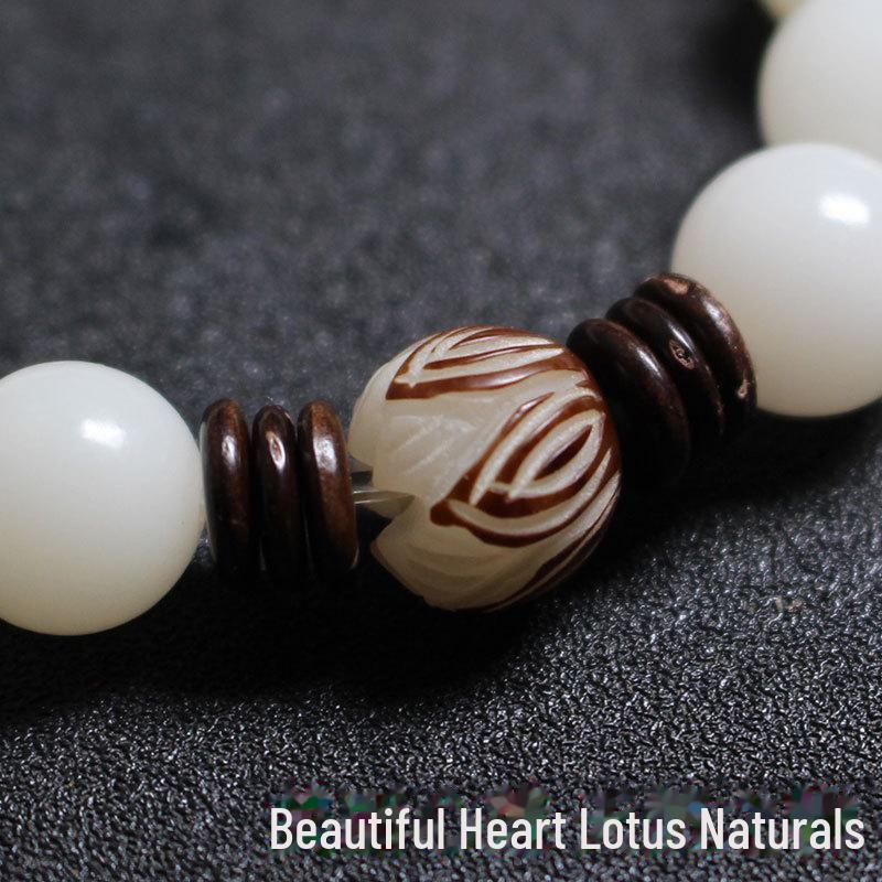 White Jade & Bodhi Root Lotus Beads Bracelet: Unisex Creative Buddhist Rosary