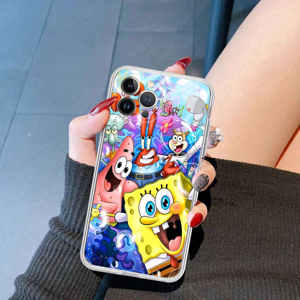 Cartoon Niedlich S-SpongeBob Anime Handyhülle Für IPhone 11 13 16 12 17 14 15 Pro Max Plus Weiche Klare Rückseite Hülle