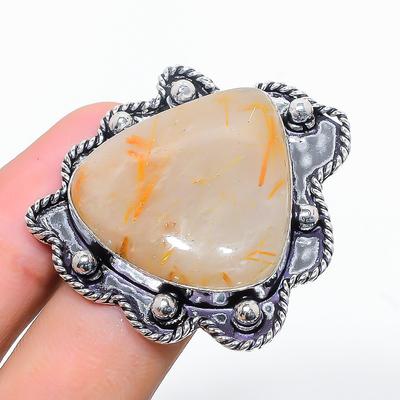 Natural Golden Rutile Gemstone 925 Sterling Silver Gift Ring Size 8.5 E8b02