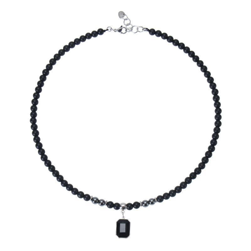 Schwarze Perlenkette mit quadratischem Anhänger für Herren Trendige Accessoires am Halsband 2023 Mode Männliches Geschenk Dekoration