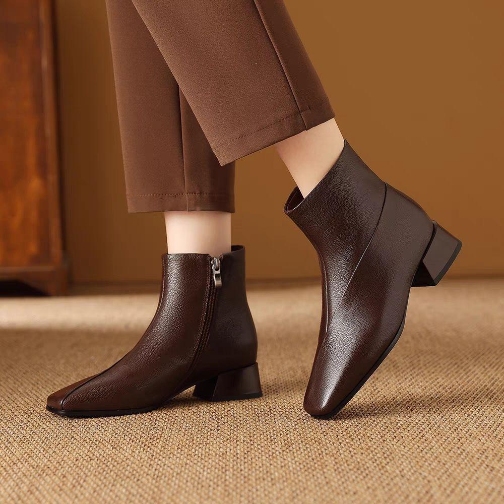 2025 Women's Soft Leather Mid-Heel Square Toe Boots with Velvet Lining for Autumn and Winter