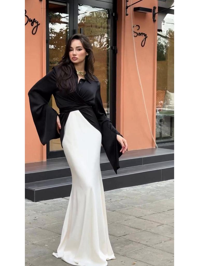 Elegant Satin Long-Sleeve Shirt & Midi Skirt Set for Women 2024