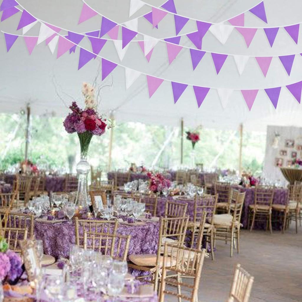 10M/32Ft Purple and White Pennant Banner Fabric Triangle Flag Cotton Cloth Bunting Garland Kit for Wedding Birthday Lavender Party Home Nursery