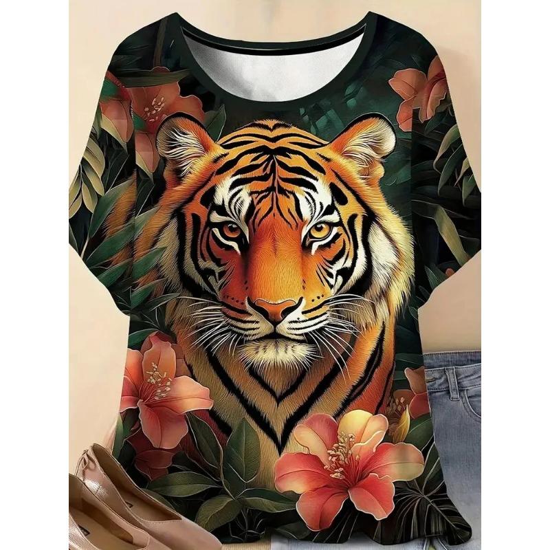 3D Printed Women's Round Neck Tiger Pattern T-shirt Multifunctional Summer Fresh Women's Version T-shirt Breathable Machine Wash Outdoor Top