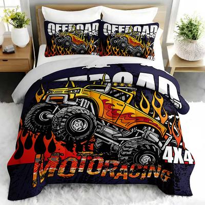 3PC Monster Truck Racing Bedding Set Offroad Duvet Cover with 2 Pillowcases for Bedroom Or Guest Room Decor Motoring Theme