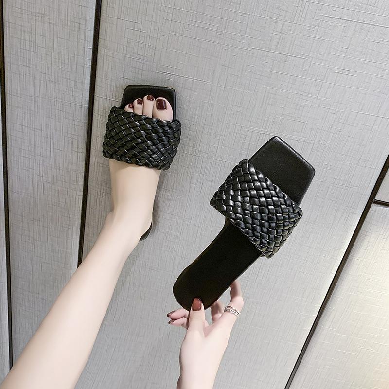Women s Square Open Toe Slide Sandals Cute Slip On Braided Strap Flat Sandals Woven Slide Sandals Stylish and Lightweight Summer Slippers for Women 35