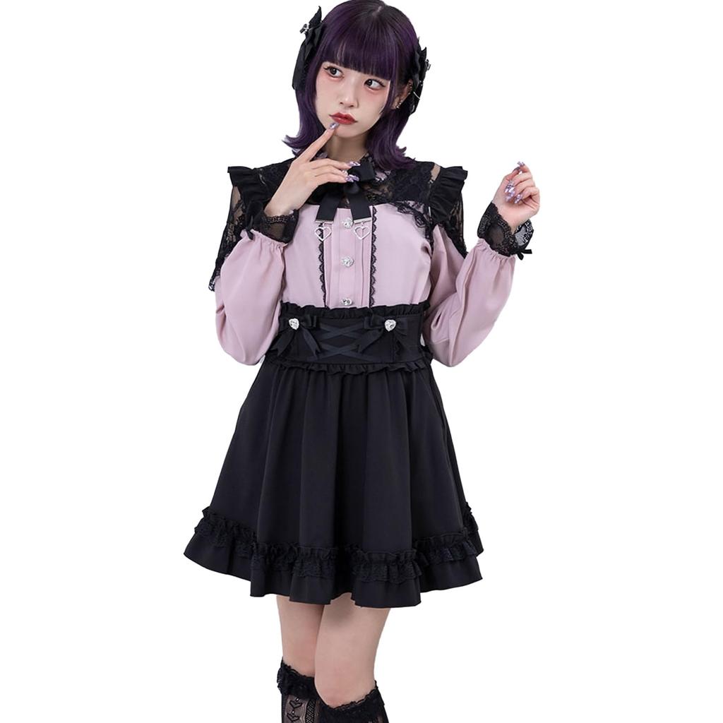 Yumetenbo Heart Jewel Ribbon Frill Skirt, Mini Skirt, Flared Skirt, Women's, Mass-Produced, Landmine Style