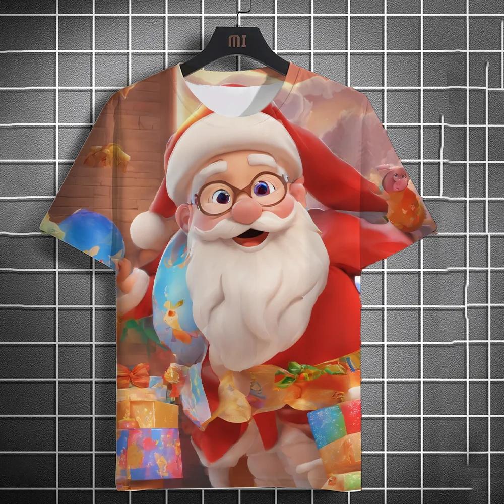 

2025 Новая Рождественская футболка с мультяшным рисунком Санта-Клауса для мужчин, 3D-печать, летний топ, короткий рукав, модная повседневная футболка унисекс 4XL