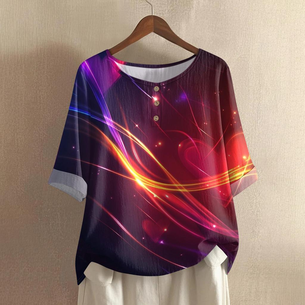 Damska casualowa i wygodna bawełniano-lniana bluzka z okrągłym dekoltem, średniej długości, z modnym nadrukiem