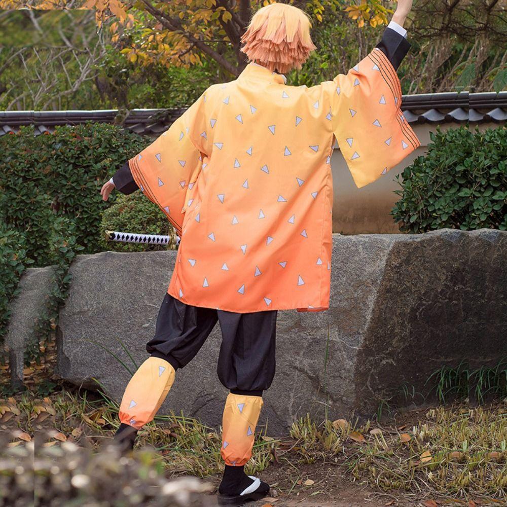 Agatsuma Zenitsu Cosplay Costume Wig Haori Embroidery Top Elastic Pants Belt Rose Net Cos Halloween Christmas Gift