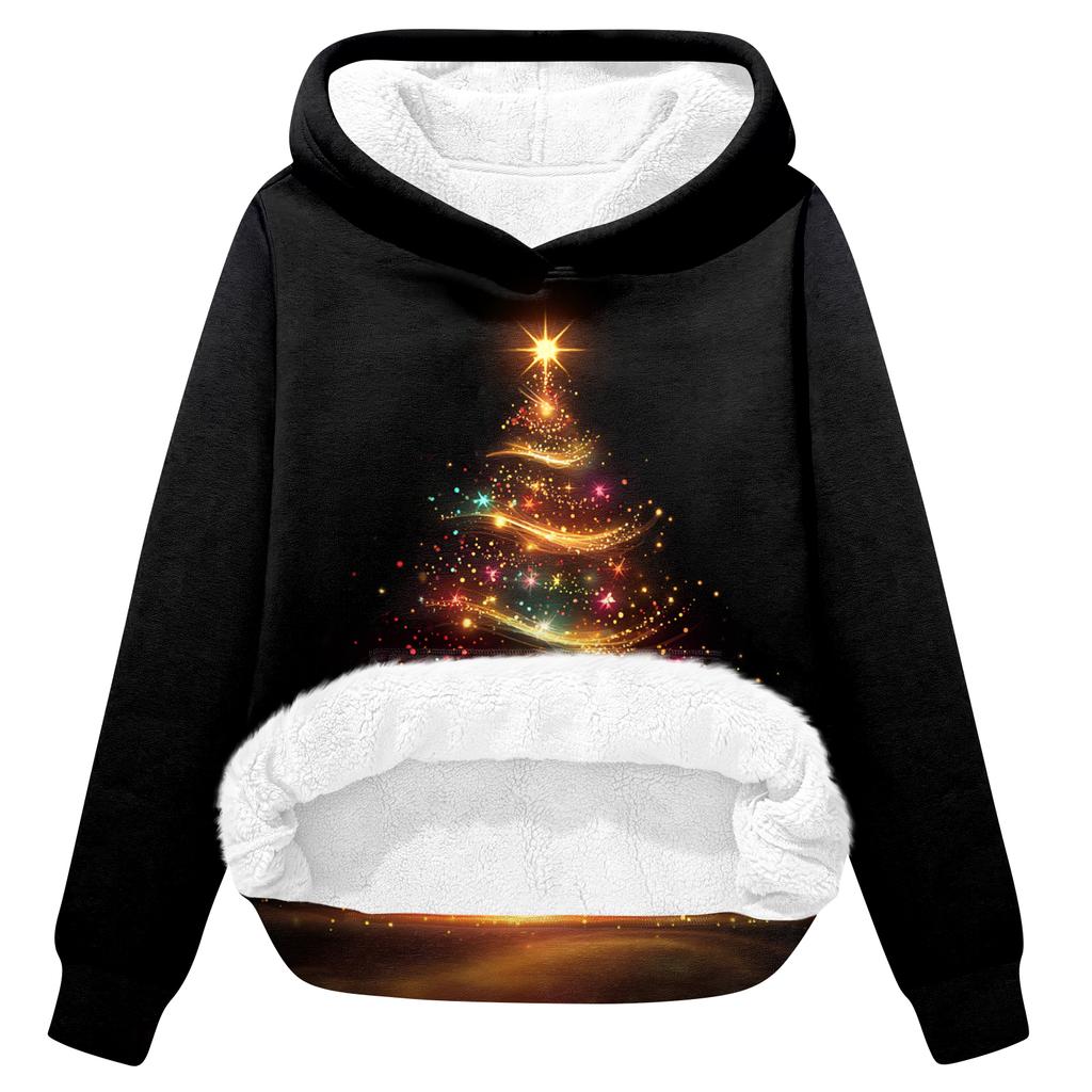 Women's Casual Fashion Plus Velvet Thickened Christmas Print Hooded Sweatshirt