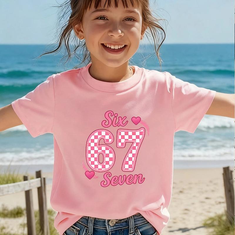 

Kids T-Shirt, Pink Checkered Six Seven Print, Cute Heart Casual Short Sleeve Tee for Kids 150 розовый