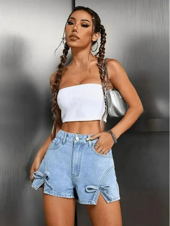 European & American Style Bowknot Denim Slit High-Waisted Retro Summer Shorts for Women