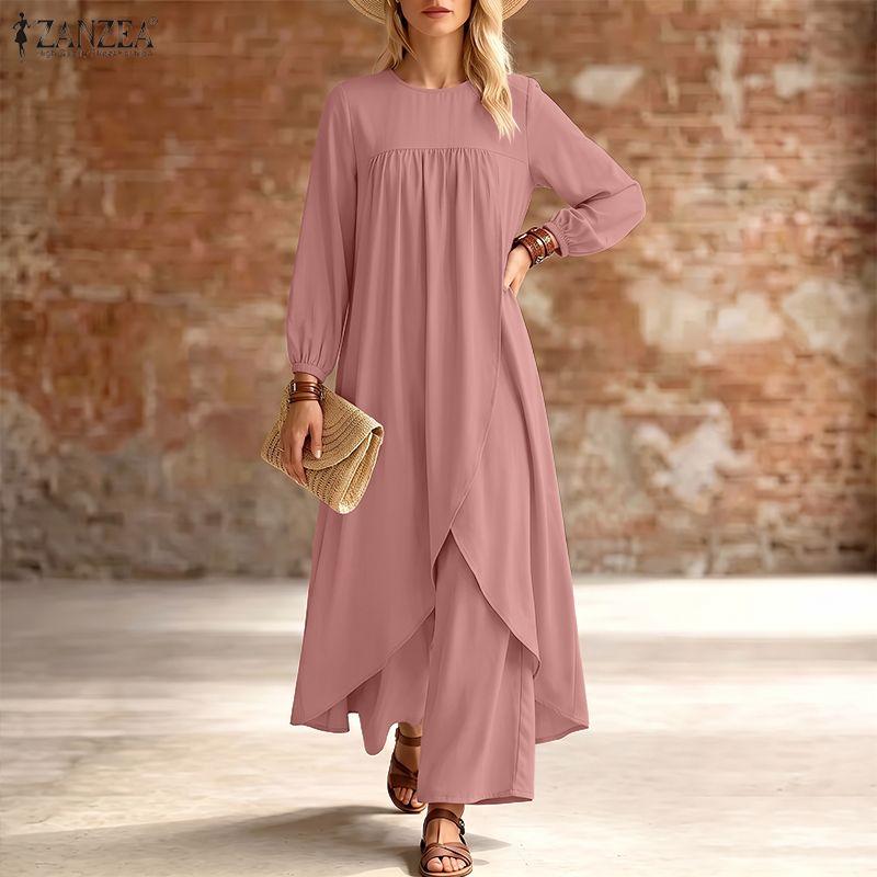 ZANZEA Women Elegant Long Blouse With Elastic Waist Long Pants Casual Two Piece Suit Sets
