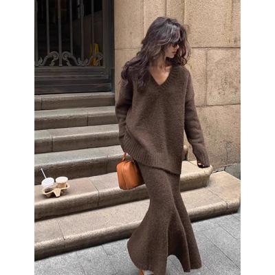 Autumn Winter V-neck Loose Pullover Sweater Set Knitted Elegant Skirts Women Casual Two-piece Set Fashion Outfit Simple Solid Color Office Clothing