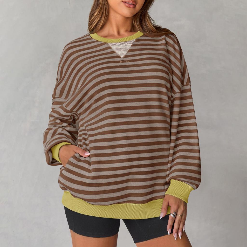 Women's Oversized Striped Color Blocking Long Sleeved Round Neck Sports Shirt Casual Loose Fitting Pullover Shirt Top