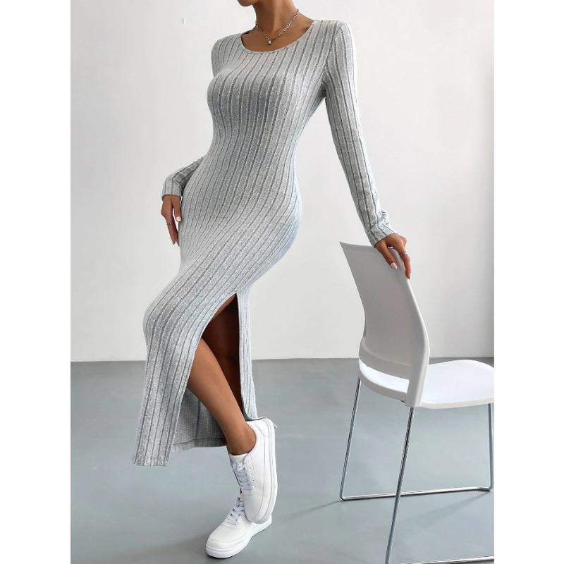 Fall and Winter Women's Plus Size Long Sleeve Round Neck Split Knit Long Dress