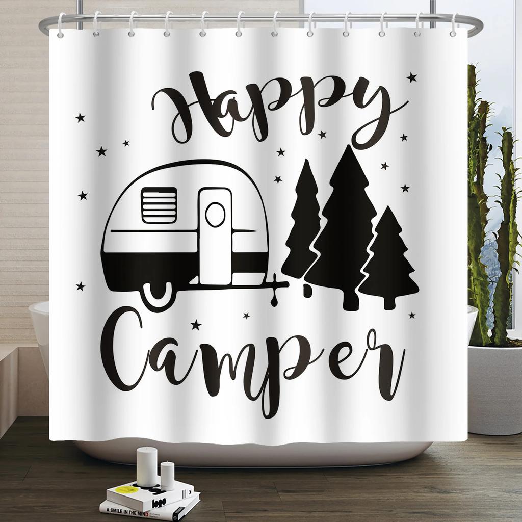 Camper Shower Curtain Happy Camper Trailer Car Rv Forest Mountain Tent Camping Bathroom Shower Curtain Waterproof Bath Curtain
