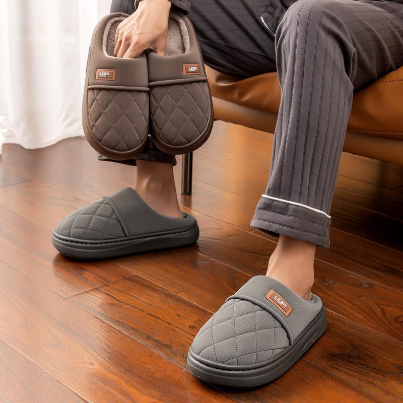 Waterproof cotton slippers men's winter new indoor home non-slip and warm plush thick-soled pu cotton shoes women's outer wear