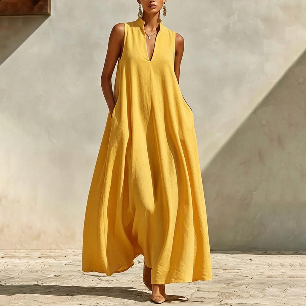 Women Sleeveless Maxi Dress V Neck Loose Fit Wide Swing Casual Summer Vacation Long Dress with Pockets