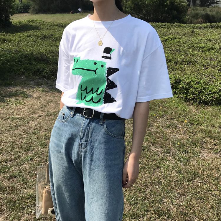 Summer Women Funny Cartoon Print T-Shirt Girl Harajuku Round Neck Loose Casual Y2K Harajuku Tops Graphic Tees Graphic T Shirts