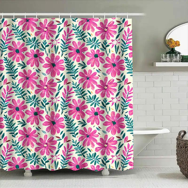 Watercolor Floral Shower Curtain Bathroom Decor Modern Waterproof Fabric Customizable Size Available Pink Green White Colors