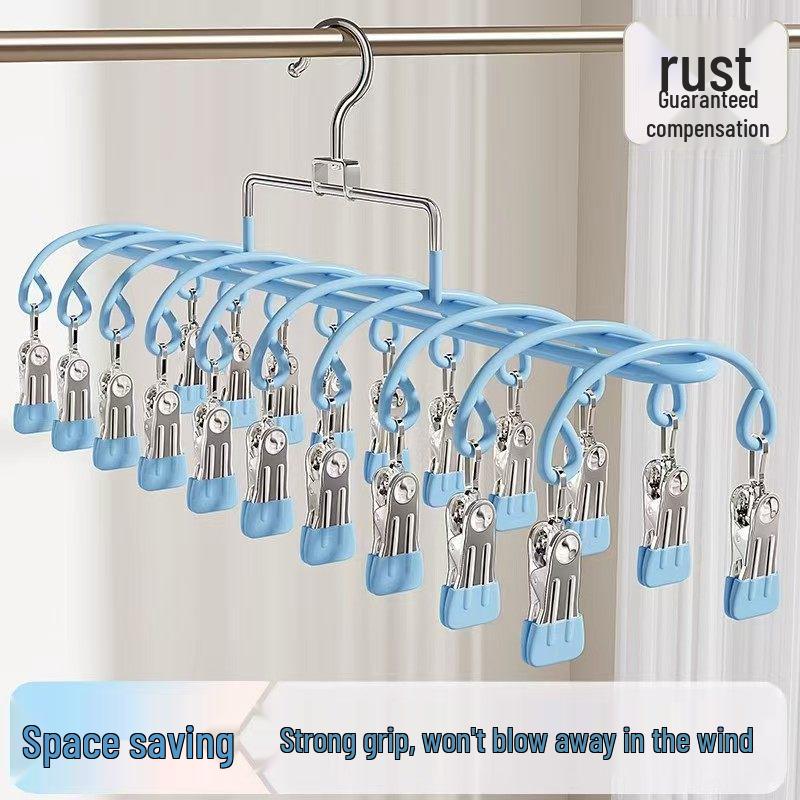 Stainless Steel Sock Drying Rack with Multiple Clips for Balcony and Dormitory Use