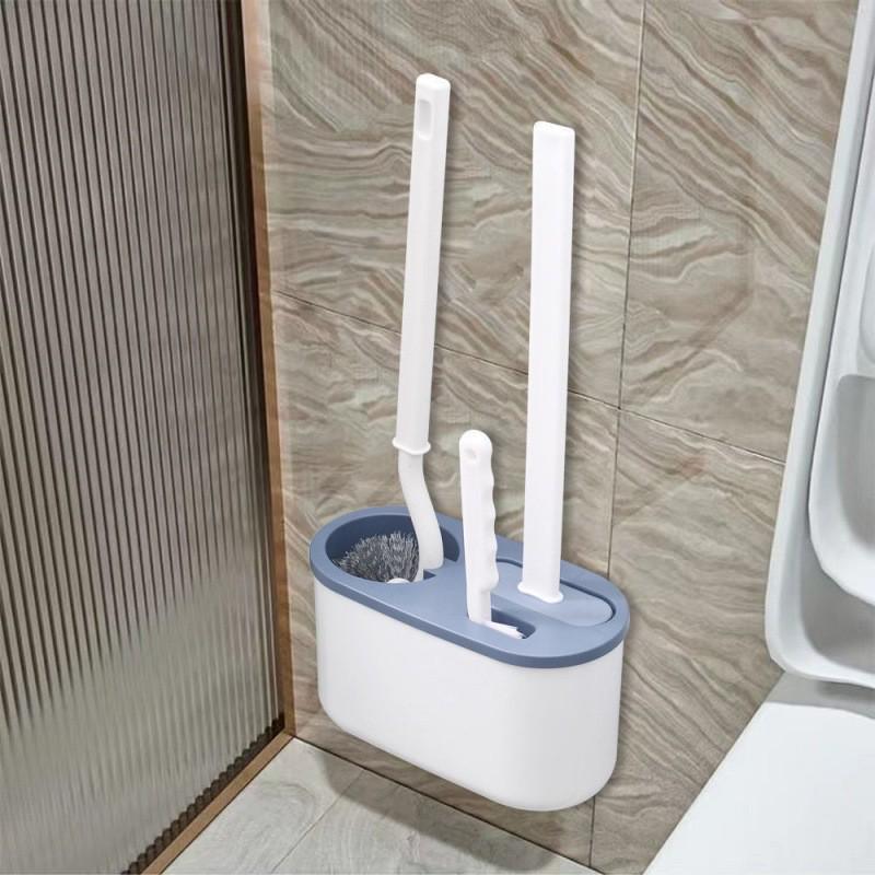 Silicone Japanese Wall-Mounted Elbow Toilet Brush with Base and Hard Bristles