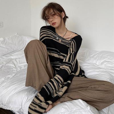 NEUE Frauen Punk Gothic Gestreiften Langarm Lose Patchwork Pullover Hip Hop Retro Oversize Pullover Beiläufige Gestrickte Jumper