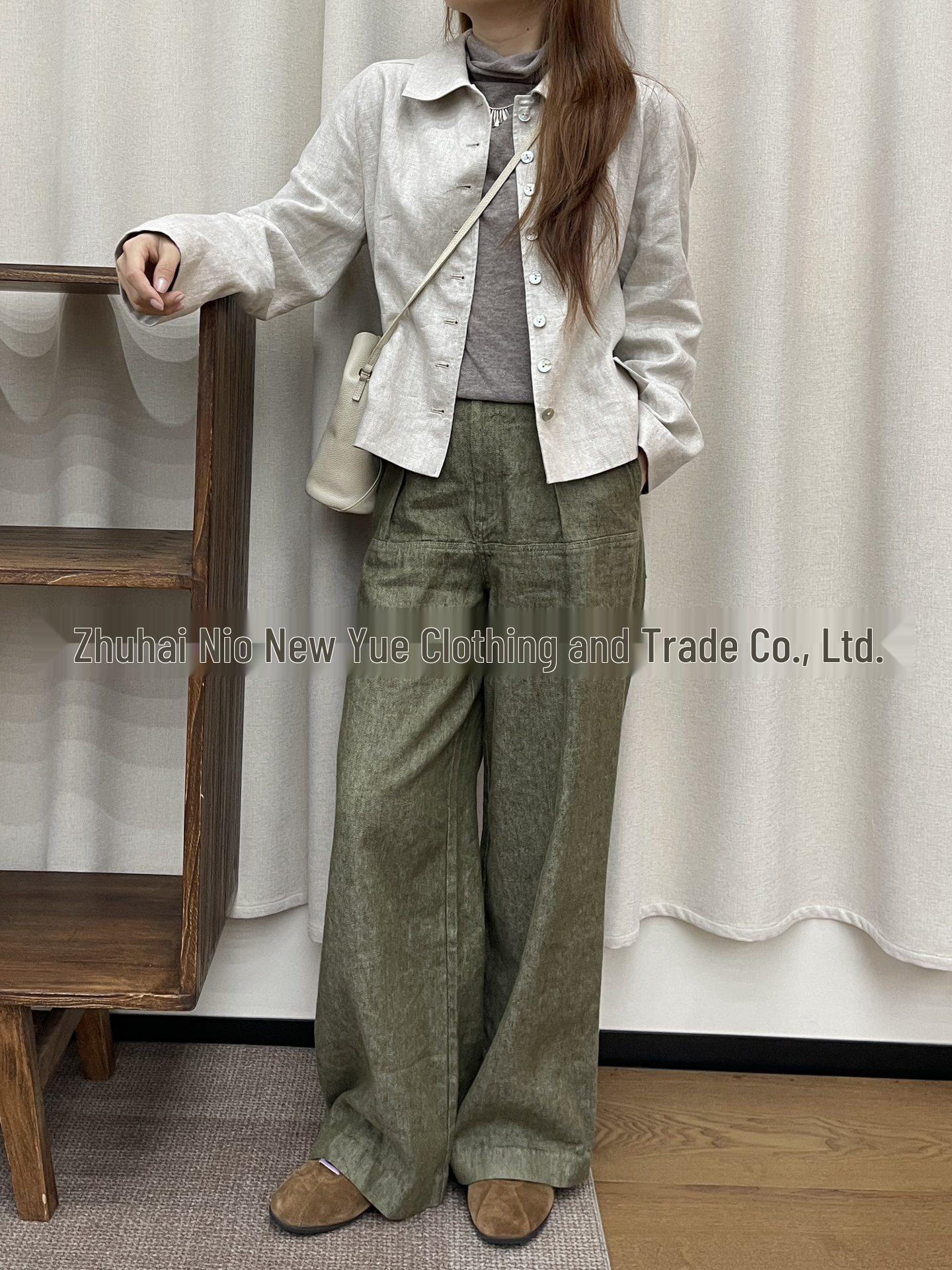 

26-Year Early Spring Wide-Leg Cotton-Linen Pants for Women - Minimalist, Heavyweight, Casual (KZ9595) - A Little Blue Medium армия зеленый