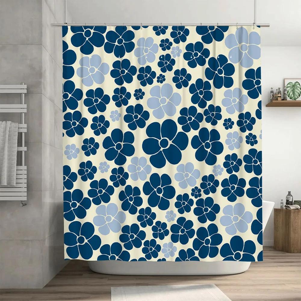 Blue Floral Shower Curtain Decorative Bath Mat Waterproof Polyester Fabric Home Decoration Curtains Easy Installation Size: 72 x