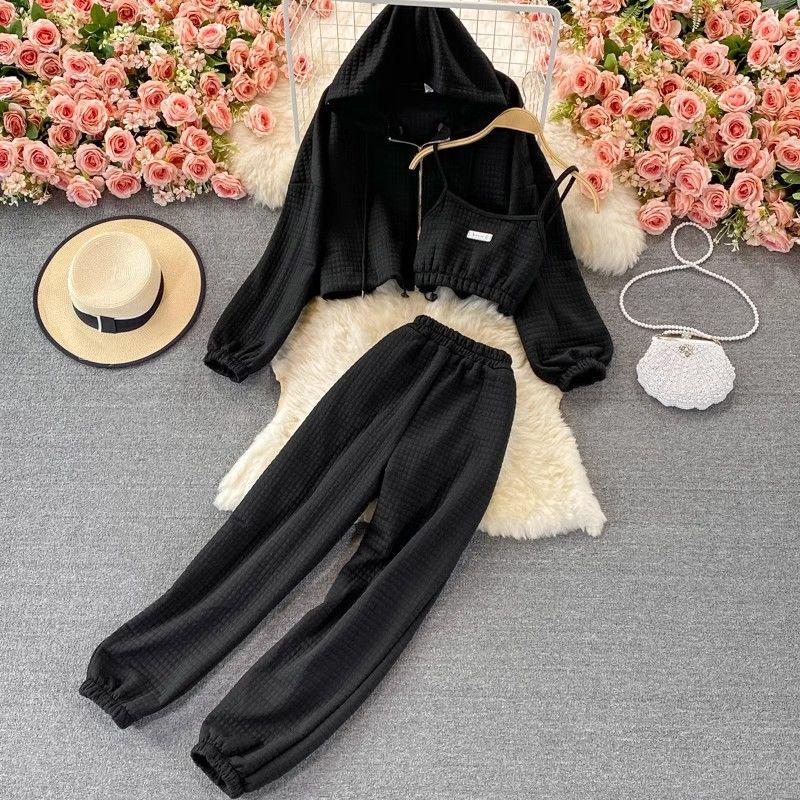 Trendy Women's Spring Set: Hooded Jacket, Vest & Wide-Leg Pants