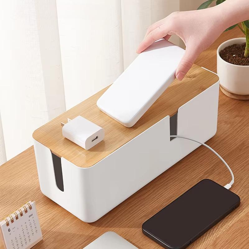 Cable Management Box Bamboo Cover Wire Junction Board Storage Box Hide Wires Power Strips Desk Computer Cable Organizer Box