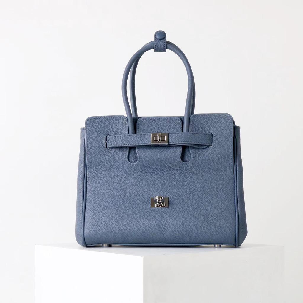 Women's Biker Genuine Leather Multi-Pocket Tote with Dark Square Buckle