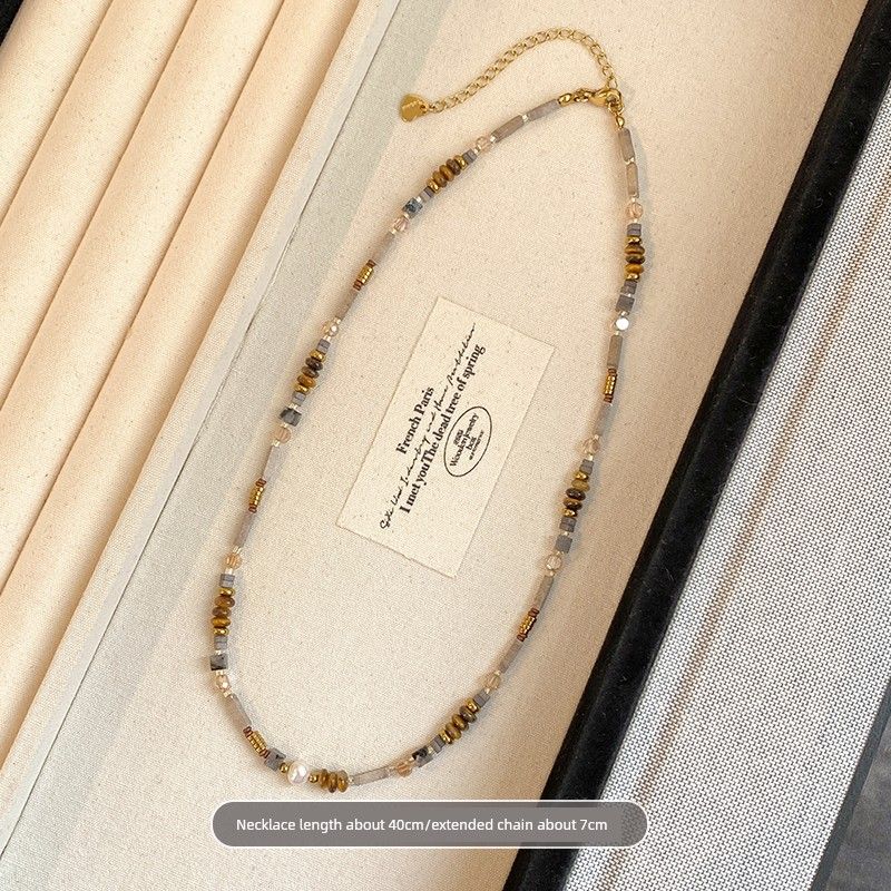 

Retro European American Style Beaded Necklace for Women Ins Fancy Special-Interest Design Patchwork Clavicle Chain Temperament Entry Lux Necklace Maillard Beaded Necklace