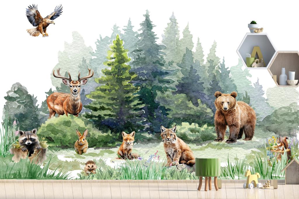 Children's photo wallpaper forest animals in a clearing bear lynx deer M139 300x200