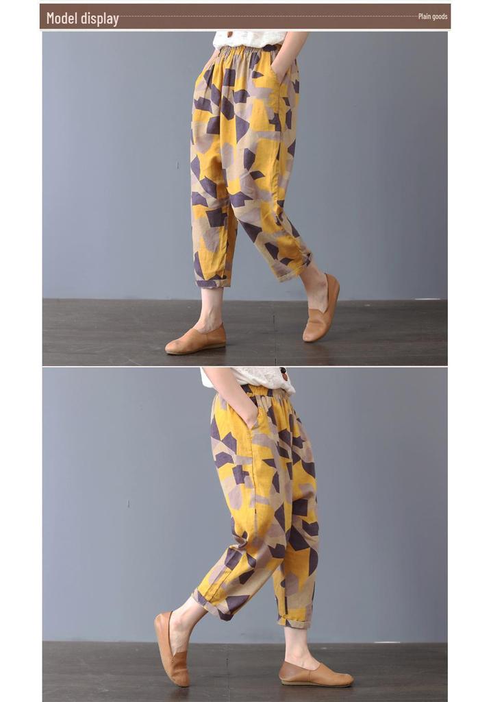 Retro Artistic Cotton Harem Pants - Breathable, Loose-Fit Summer Women's Plus Size Cropped Pants