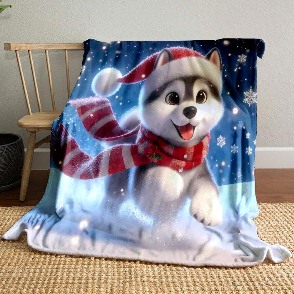 Festive Husky in Snowy Wonderland Patterned blanket, flannel, suitable for all seasons, home decor, warm and cozy