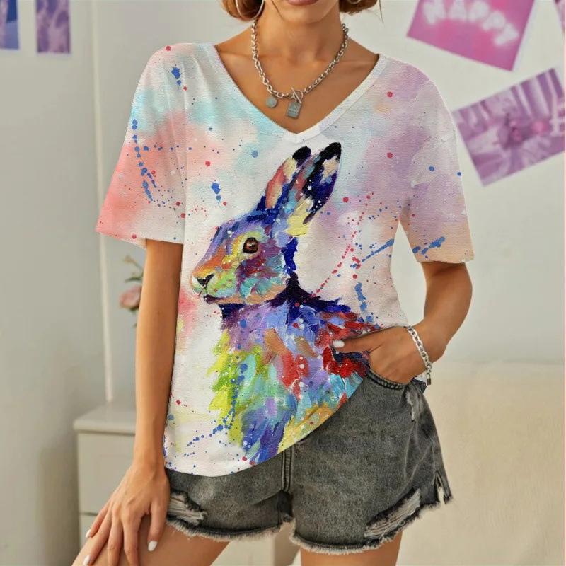 Summer New Casual Daily Versatile Pattern Rabbit 3D Printed Short Sleeved V-neck T-shirt