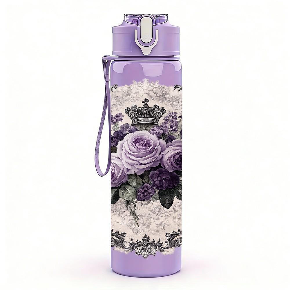 1PC Purple Rose Vintage Floral Print 750ml Color Plastic Sports Water Bottle Leakproof Flip Straw Lid Suitable for Sports Office Home Use