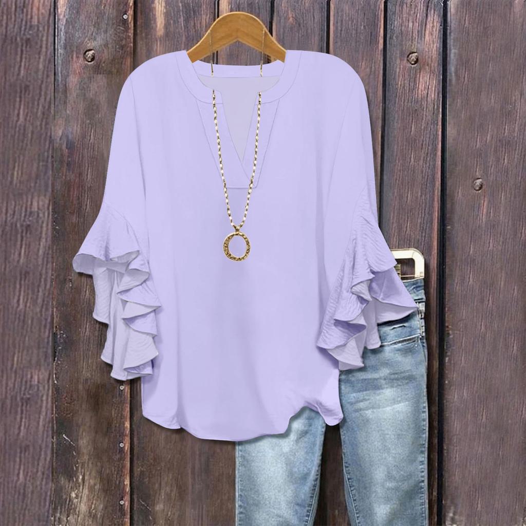 3/4 Sleeve Shirts For Women Cute Print Graphic Tees Blouses Casual Plus Size Basic Ruffled Sleeve Tops Pullover
