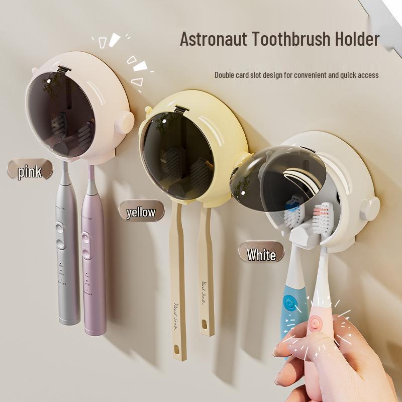 Bezprzewodowy, montowany na ścianie stojak do przechowywania elektrycznych szczoteczek do zębów i pasty do zębów z uchwytem na kubek do płukania ust.