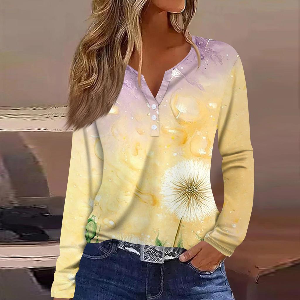 Dámská móda Ležérní květinový potisk Tričko s dlouhým rukávem, výstřihem do V, knoflíčkem, Top s dlouhým rukávem