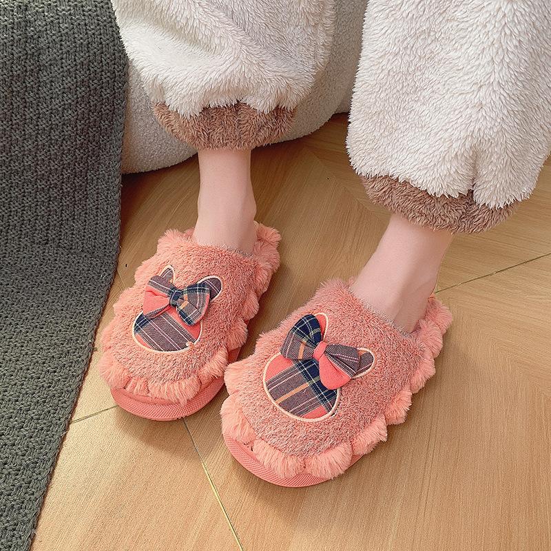 2025 new autumn and winter plush bow cotton slippers women's plush thickened non-slip warm can be worn outside women's cotton mop