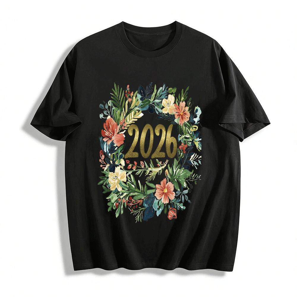 

2026 Watercolor Floral Wreath Print Casual Versatile Tee Pure cotton T-shirt XXS